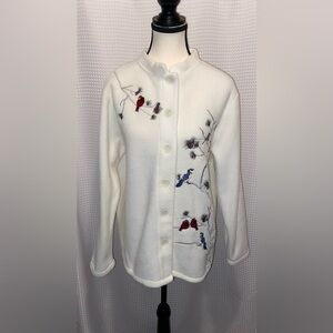 CLASSIC EDITIONS cream Fleece birds embroidery Vintage Cardigan sz medium‎